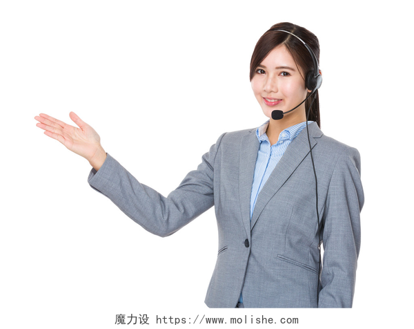 白色背景上带耳机的女客服耳机的客户服务代表
